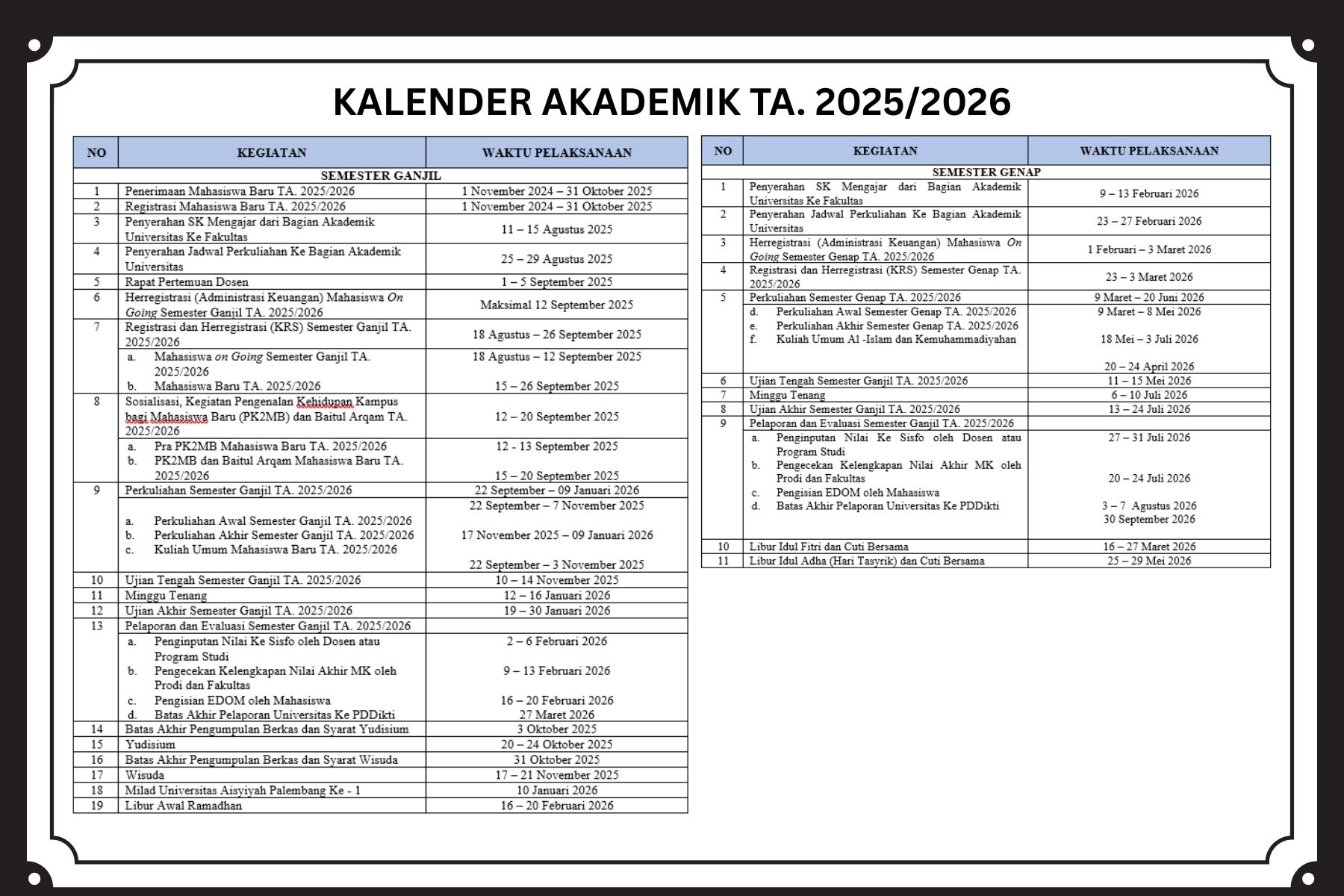 Struktur Kepemimpinan Kalender Akademik Unisa Palembang